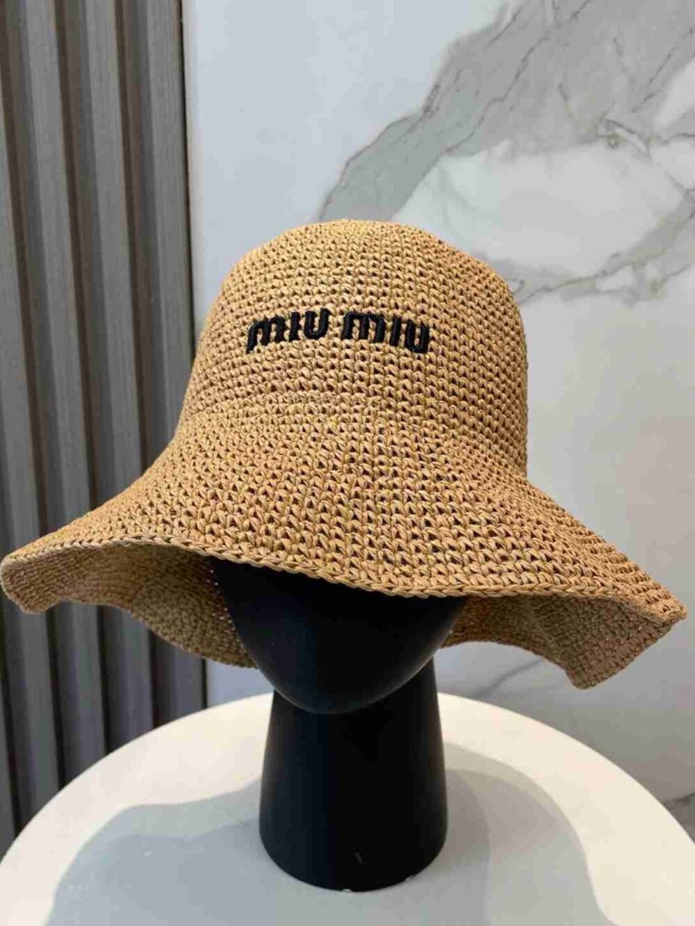 Miu Miu Embroidered Logo Wide Brim Bucket Sun Hat